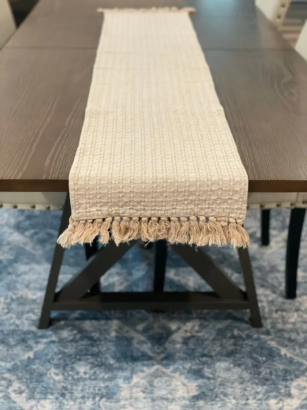 Boho Textured Table Runner Size 67.5 Neutral Cream Woven Cotton Pebble Fringe